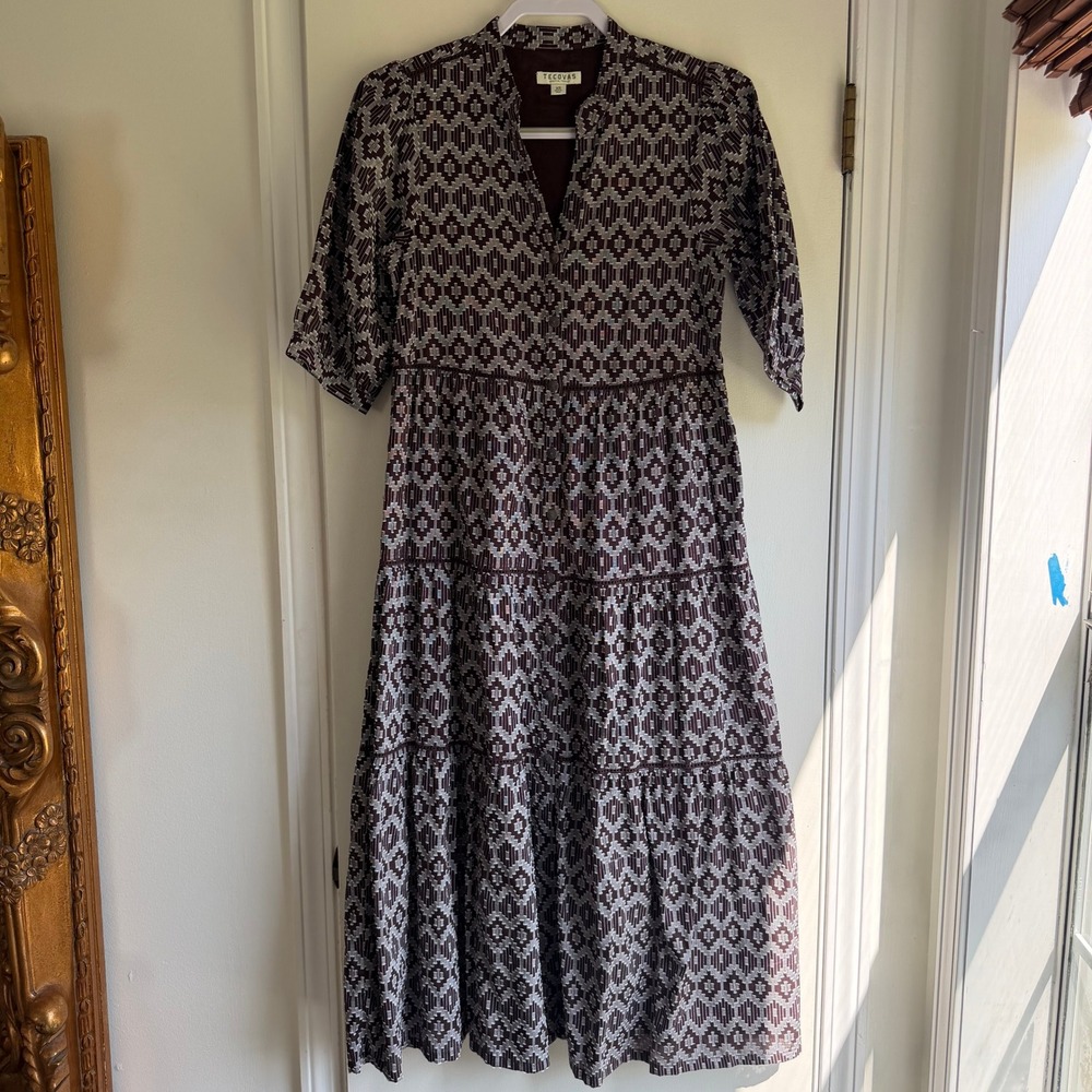 Tecovas Womens Brown Geometric Tiered Midi Dress Half Sleeve XS
